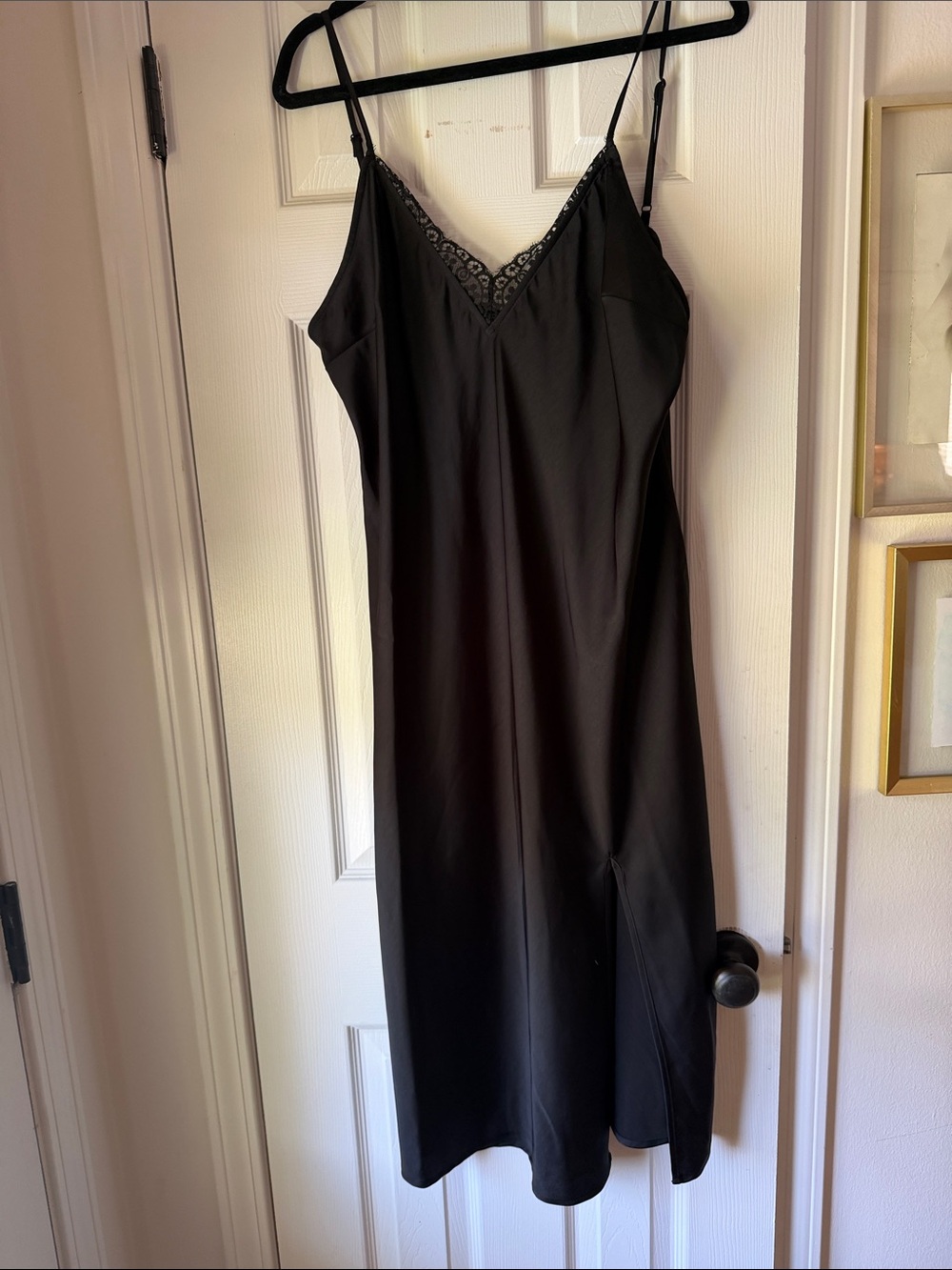 a new day Black Satin Slip Dress with Lace V-Neck